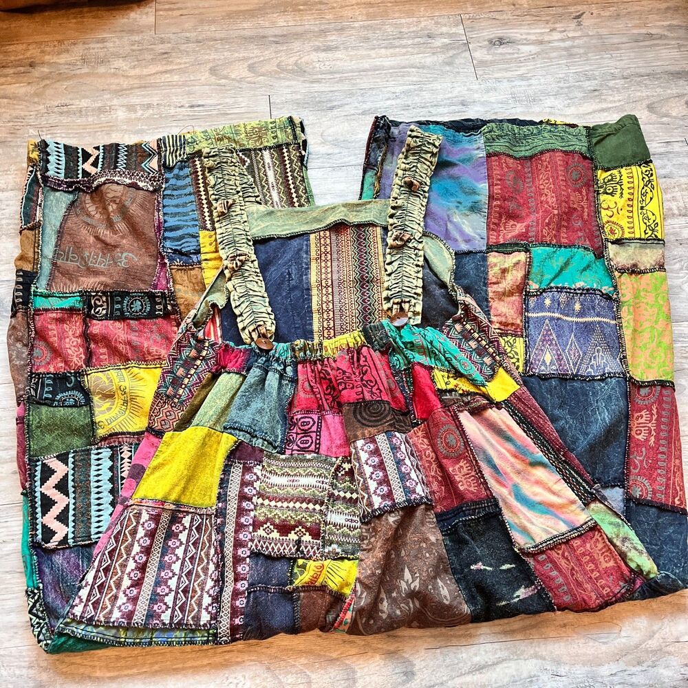 Kathmandu Imports Patchwork Overalls Womens Medium Boho Dungarees Bright - Picture 3 of 11